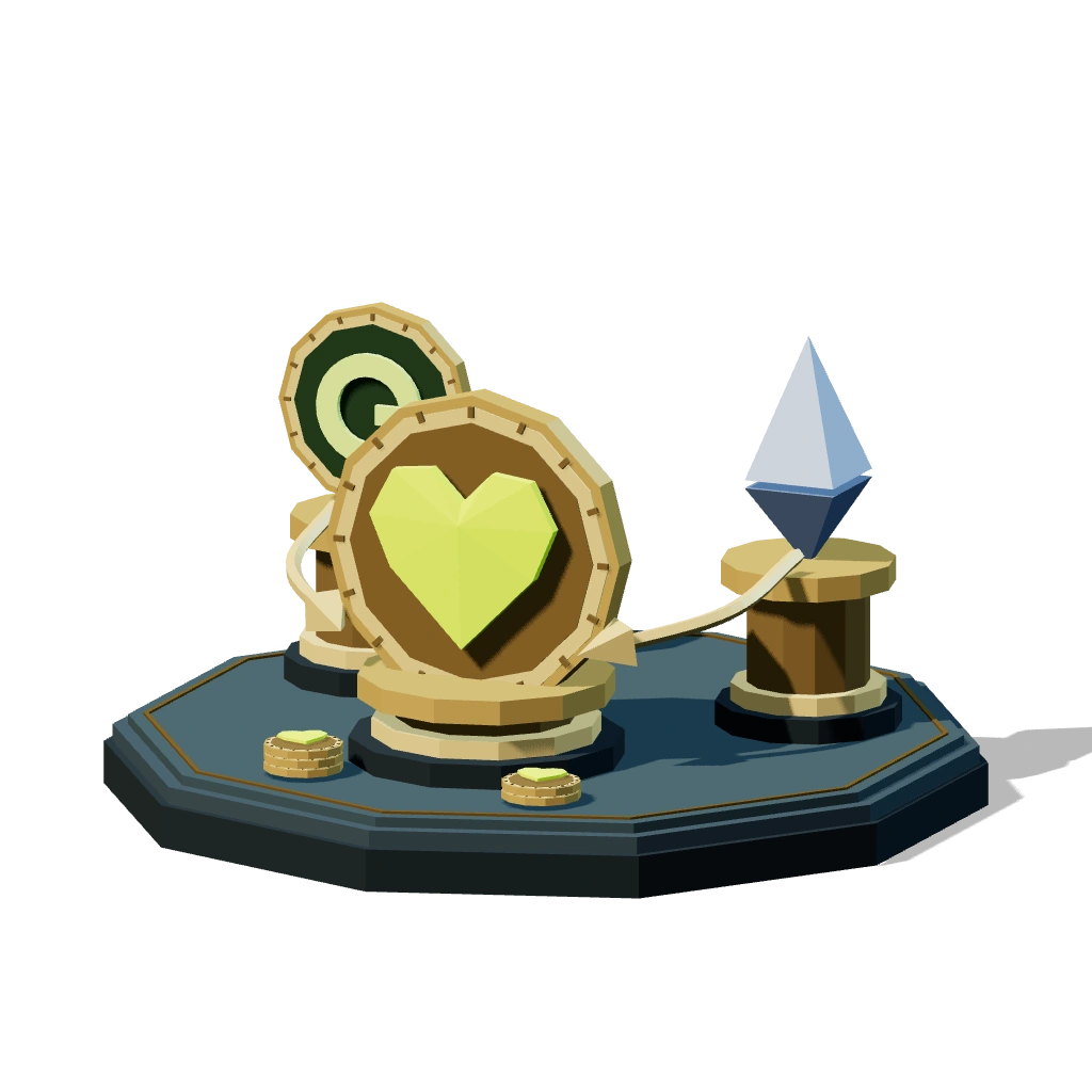 USDG and Ethereum on stone columns, with gold arrows leading to an HP medallion