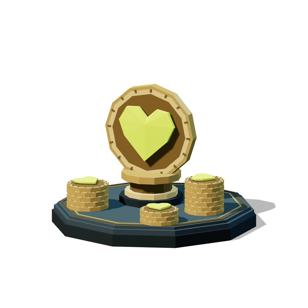A raised HP medallion with stacks of heart coins on an inlaid stone platform