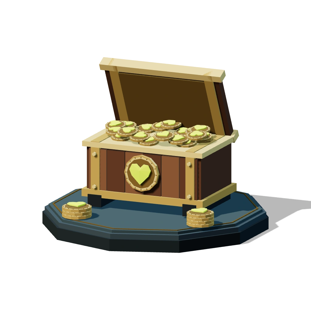 An open wooden treasury chest with gold trim and HP heart coins