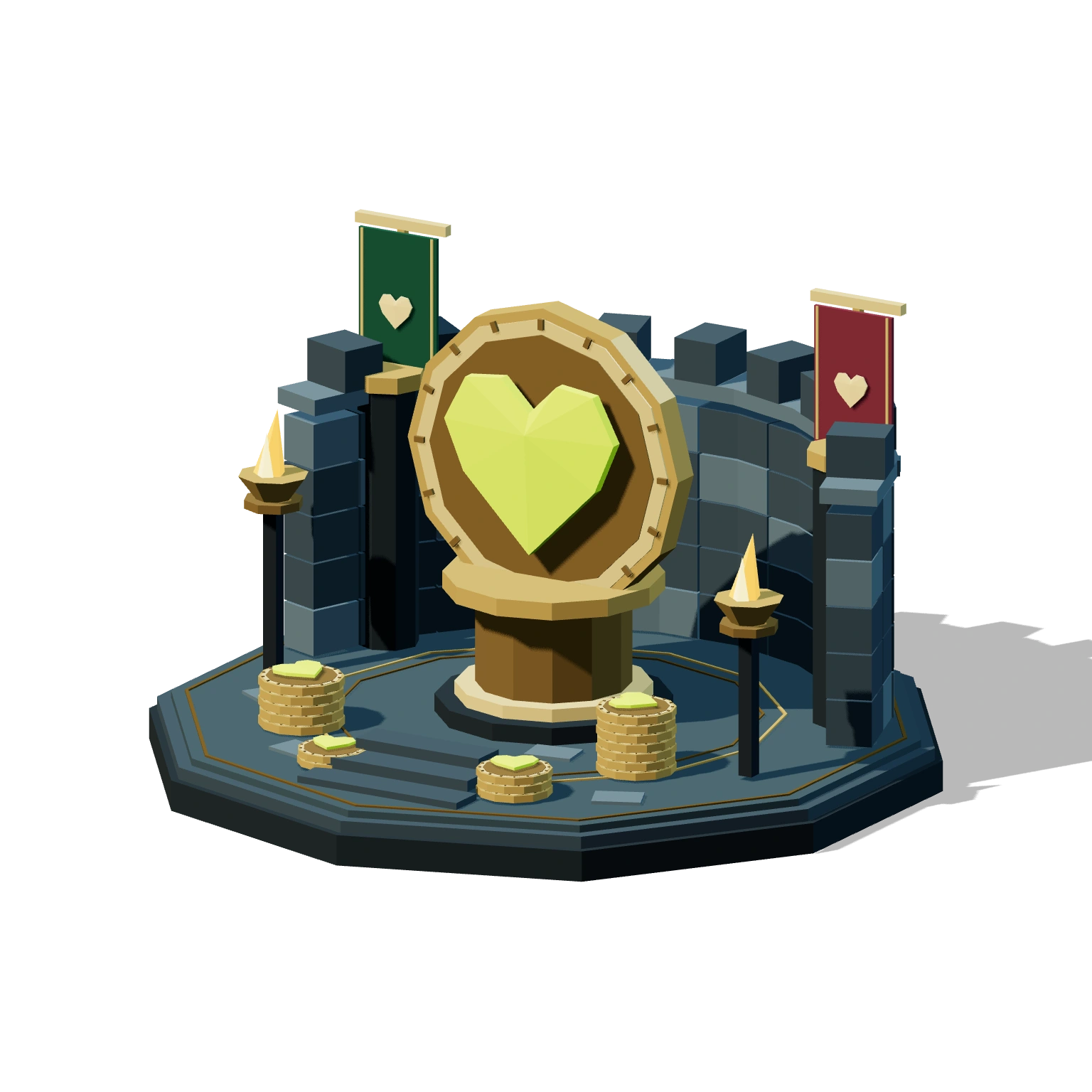The HP heart medallion in a stone arena treasury, surrounded by banners, torchlight and stacks of coins